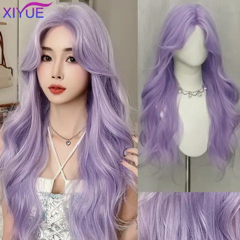 XY 합성 이마 레이스 긴 물결 모양의 보라색 코스프레 가발 로리타 할로윈 여성용 앞머리 파티 Dailly 내열성 가발