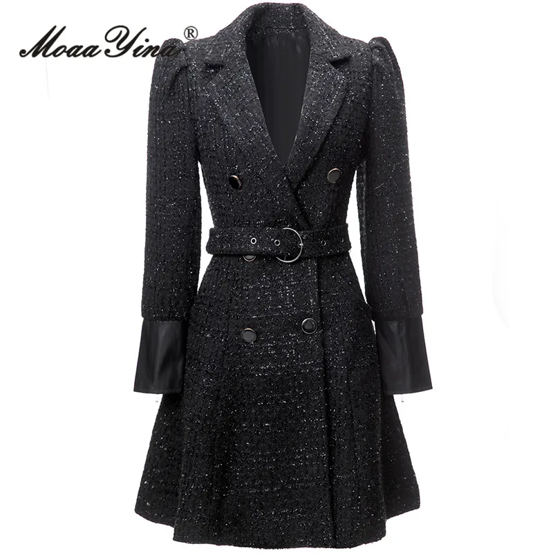 

MoaaYina Winter Fashion Runway Black Vintage Blends Coat Women Lapel Button Pockets Sashes Gathered Waist Slim Short Blends Coat