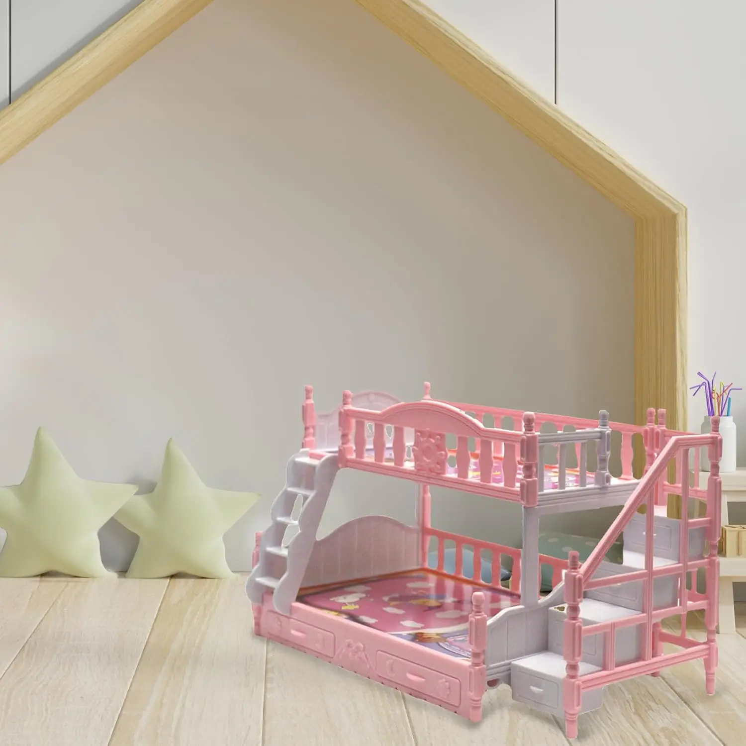 Dollhouse Mini Bed Miniatures Bunk Bed Small Double Bed Doll Bunk Bed with Ladder Dollhouse Furniture Decoration Accessories DIY