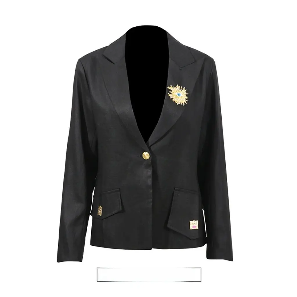 

Elegant Commuter Style Blazer V-Neck Single Button Design Metal Decoration Long Sleeve Solid Color New Suit for Women