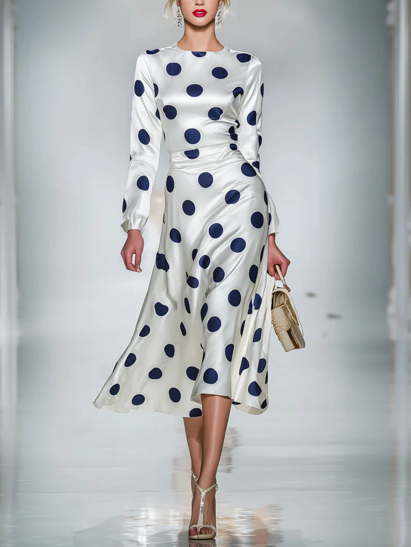 Modigirl Abito da donna in raso vintage a pois 2026 Primavera elegante retrò sottile formale da sera per feste Abiti midi alla moda