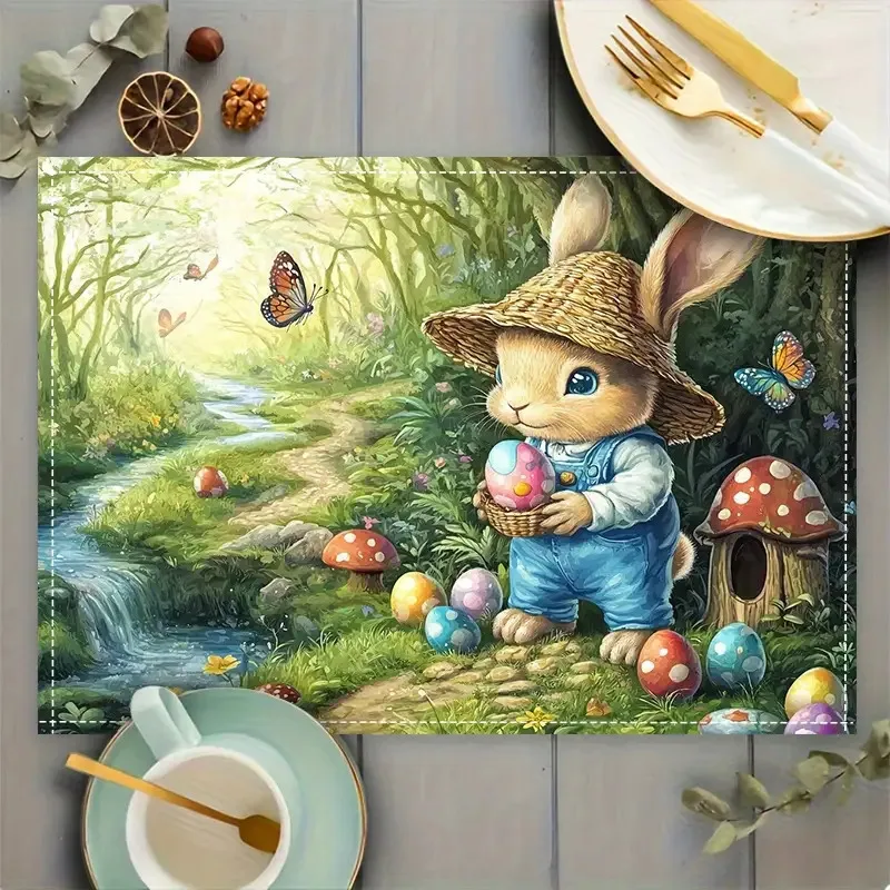 1PC Easter Bunny Placemats - Spring Table Mats with Pastel Colors, Durable Linen, Charming Woodland