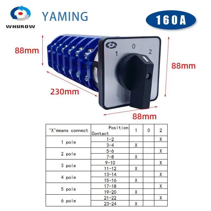 

LW26-160/6 Universal Transfer Cam Switch Six Wire Mains Power Generation Dual Power Switching Motor Reverse Rotation Knob 160A