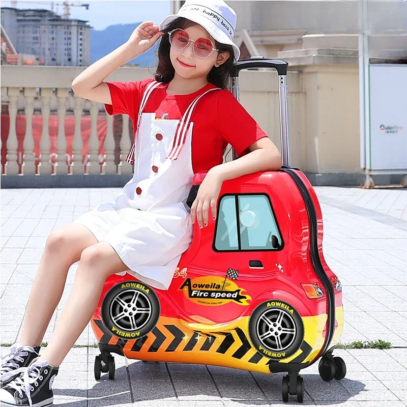 Cartoon Children Suitcase Can Sit and Ride Car Kids Suitcase Case Lazy Trolley Luggage 24 inches Suitcases Gift Box Red