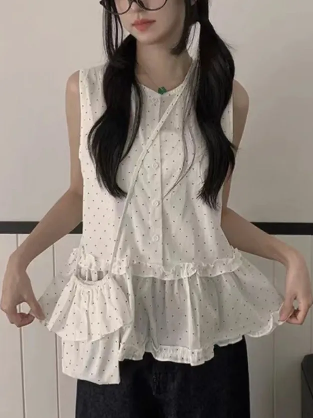 

Korean Sle Splice Polka Dot Svel Women's irt Summer Sweet Top Small Size Friendly Floral Lace Trim Dr
