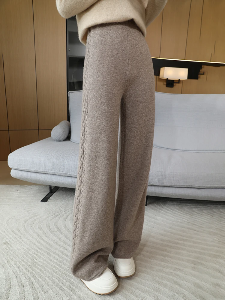 100% Merino Wool Wide Leg Pants Women's Elastic Waist Twist Flower Jacquard Trousers Autumn Winter Soft Solid Knitted Wool Pants