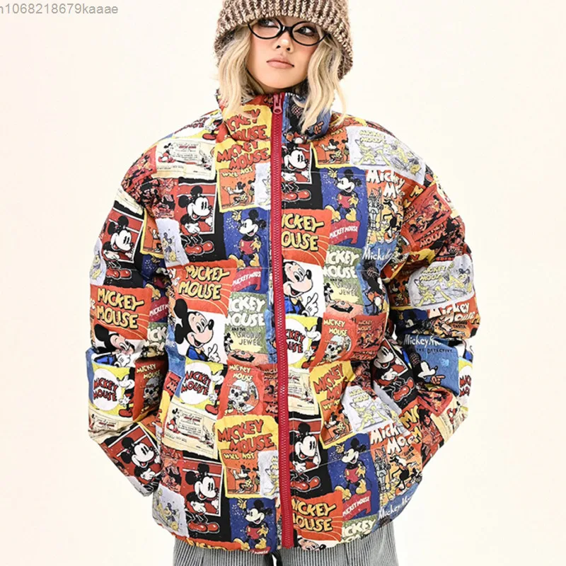 Disney Mickey American Style Cartoon Full Print Cotton Coat Men Women Fashion Trend Cotton Jacket Winter Thick Niche Couple Coat