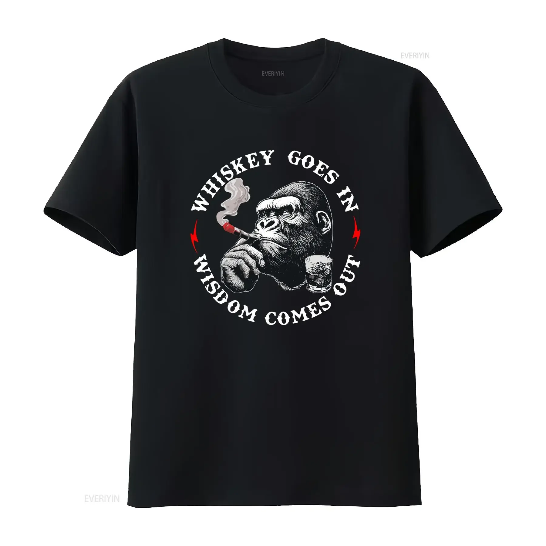 T-shirt drôle « Whiskey Goes In Wisdom Comes Out » avec motif singe, style décontracté, col rond, tissu légèrement extensible, coupe régulière, motif imprimé