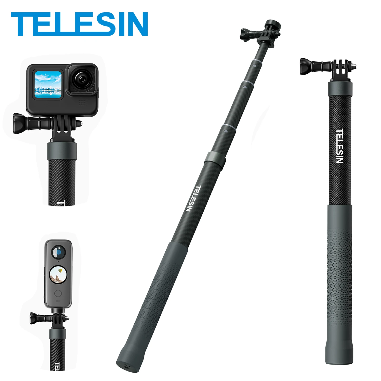 TELESIN 3M 1.2M Selfie Stick z włókna węglowego Monopod o regulacji długości wysuwany ze śrubą 1/4 do GoPro Insta360 DJI Osmo Action