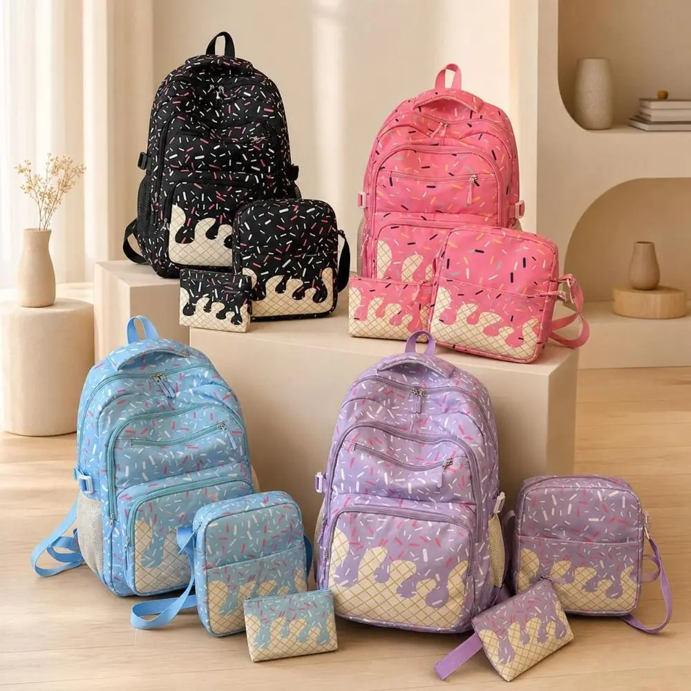3PCS Stylish Ice Cream Print Backpack Set Waterproof Spacious School Backpack Lightweight Durable Printed Schoolbag Campus