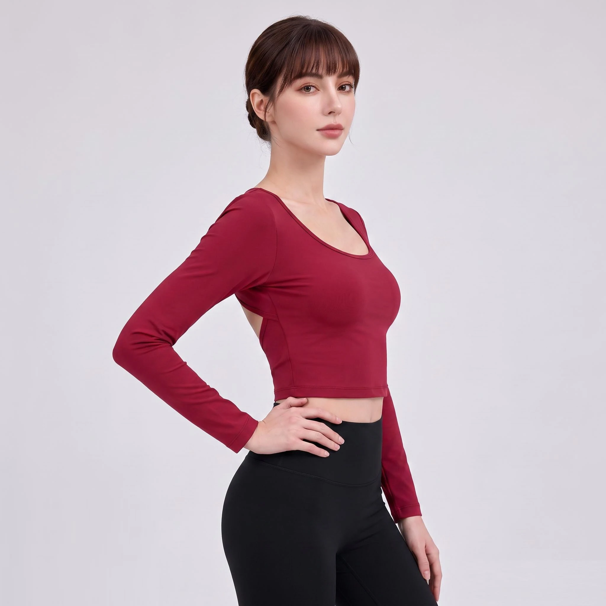 Sexy Yoga-Shirt für Damen, rückenfrei, langärmelig, mit gepolsterten Cups, Sport-Top, Fitness-T-Shirt, Pilates-Oberteil, Yoga-Bekleidung – Detail 14