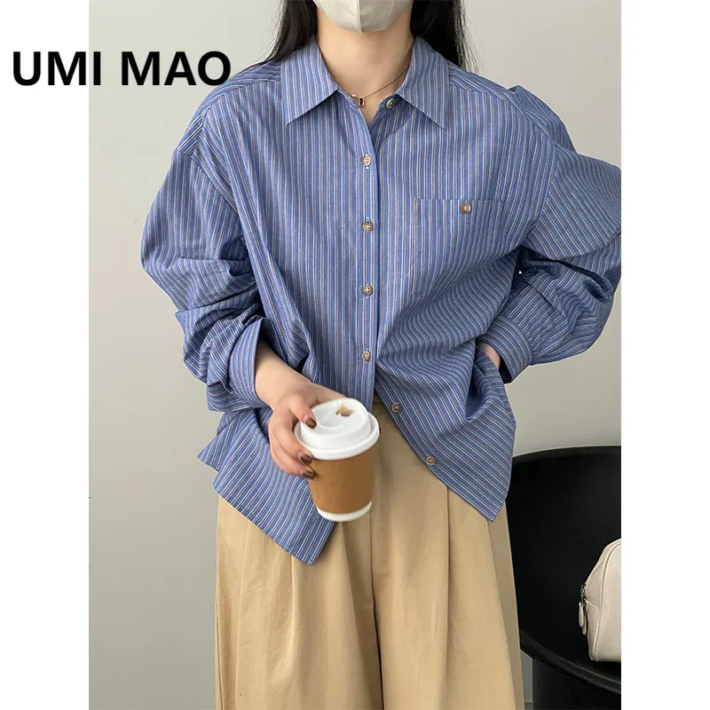 

UMI MAO Топ женская классическая универсальная свободная утягивающая рубашка с длинными рукавами в корейском стиле высокая модная элегантная женская рубашка