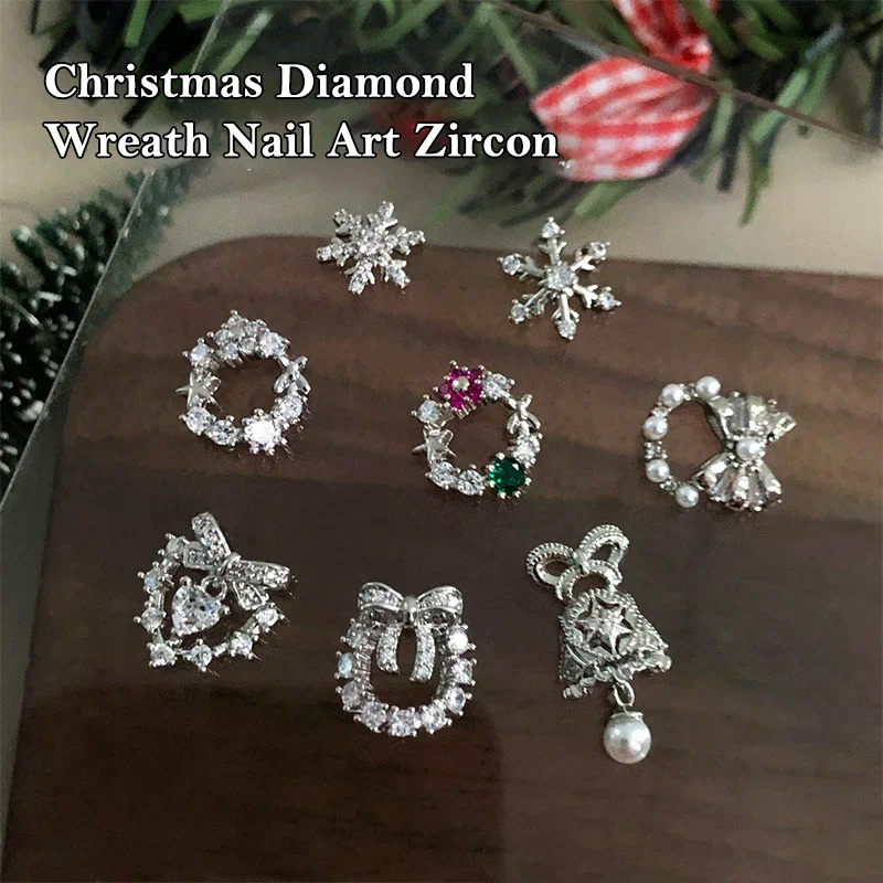 Natal prego zircão encantos luxo floco de neve floral grinalda, arco e sino árvore prego gem ornamento ano novo acessórios da arte do prego