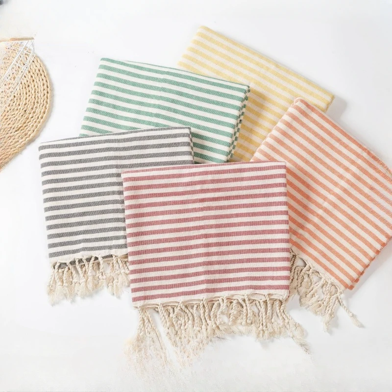 100x180cm Beach Towel Striped Printed Tassel Embellished Multifunctional Yoga Mat Cushion Tablecloth Blanket Towel