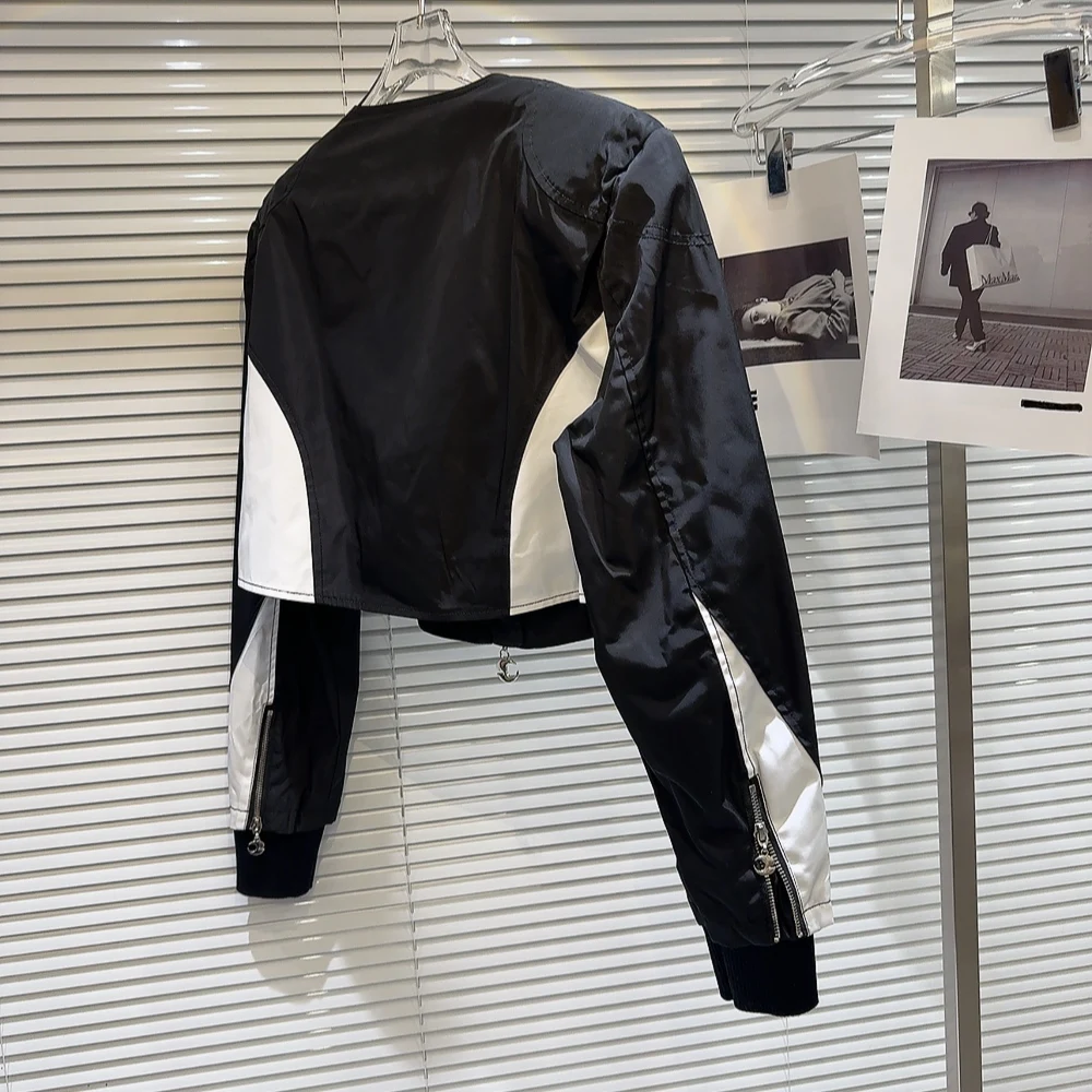 Street Sle Metal Zipper ort Jaet Women's Faion Trend Bla White Contrast Spicy Girl Outerwear Autumn New Arrival