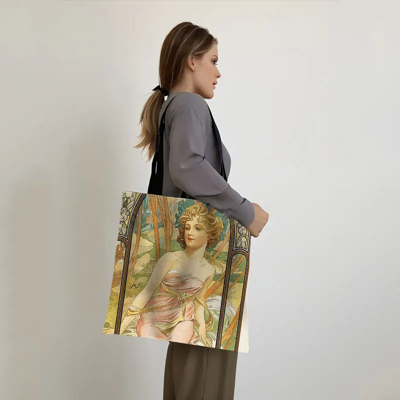 Alfons Maria Mucha Print Handbag Alphonse Beauty Woman Causal Totes Oil Painting Elegant Ladies Reusable Storage Shopping Bags