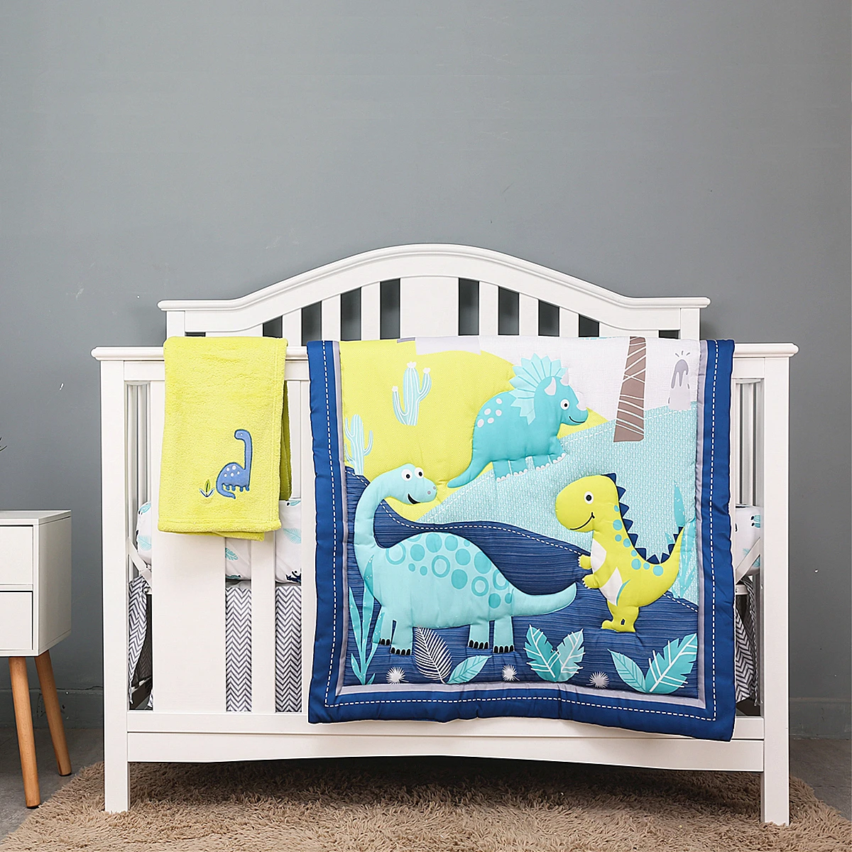 4Pcs Cute Dinosaur Crib Bedding Set for Boys Baby Nursery Bedding Sets (Comforter Fitted Sheet Crib Skirt Blanket)