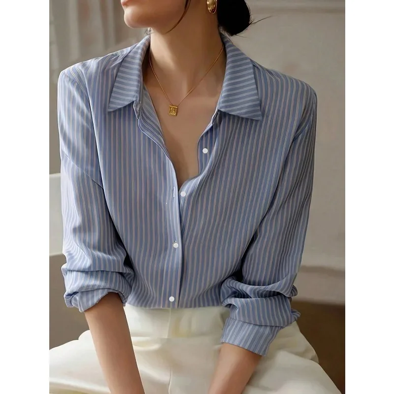 

Новая женская повседневная блузка больших размеров (1XL-5XL) синяя в полоску, с длинным рукавом, из мягкого легкого шифона, элегантный топ на каждый день