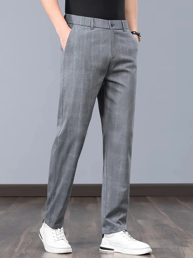 

Spring New Plaid Casual Pants Men Slim Straight Light Busin Elastic Waist Versatile Long Pants Hong Kong Sle Faionable