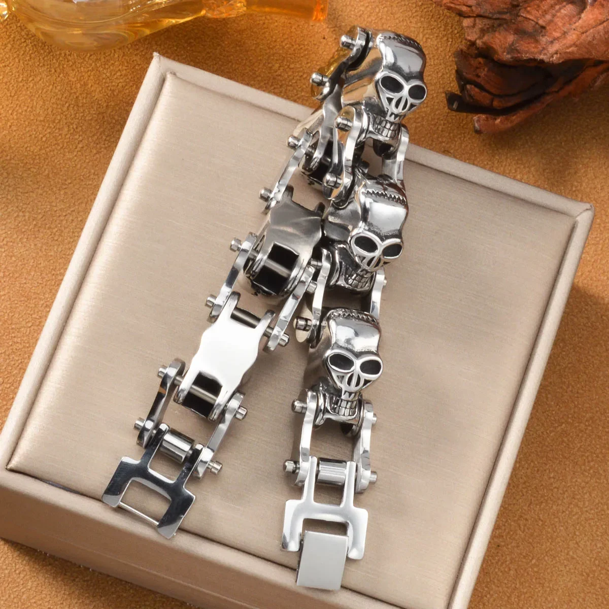 Gothic Skull Bracelet for Women Men Stainless Steel Dark Punk Skeleton Head Bangle Alternative Rock Jewelry Gift Unisex