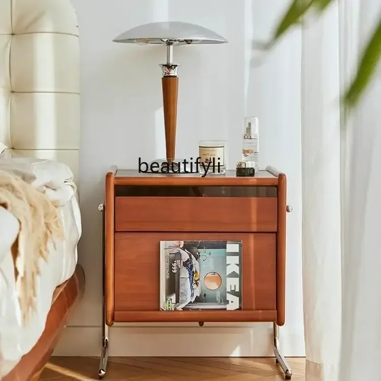 

Wood selection retro solid wood bedside table, simple storage in bedroom, bedside, small ultra-narrow storage for
