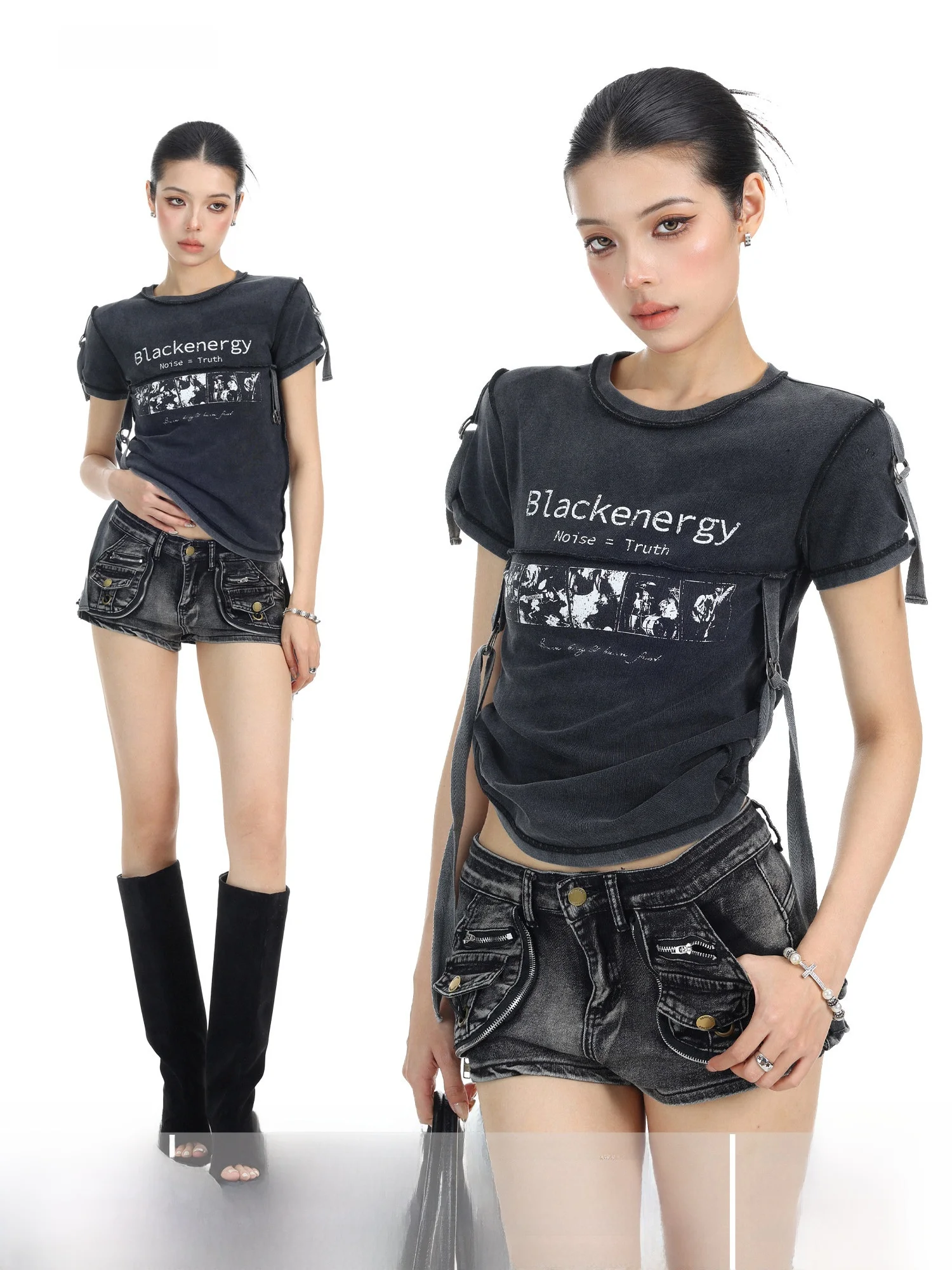 

Ретро-футболка с коротким рукавом для женщин, летняя, в стиле панк, с открытыми плечами, модный топ с эффектом тай-дай