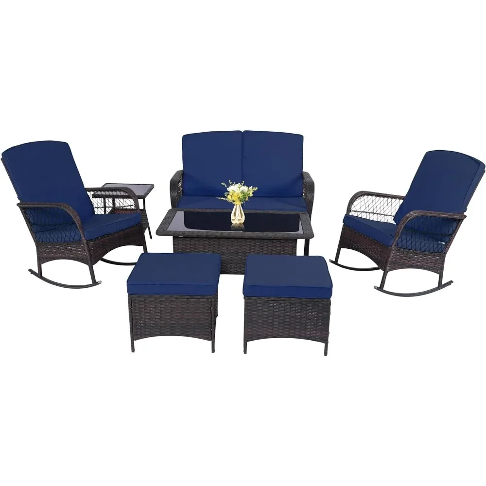 Patio Furniture Outdoor Rattan Chair Wicker Sofa Garden Conversation Sets w/Loveseat for Yard,Pool(7PC-2 Rocking Chair+Table）