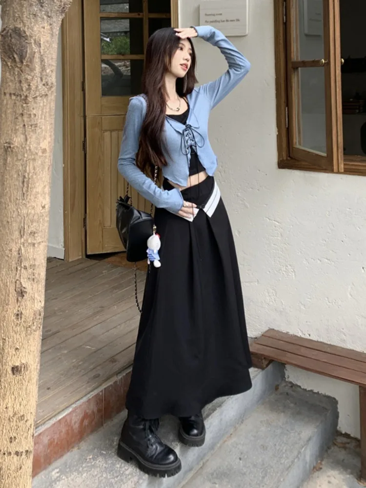 

Pure Desire Strap Vest Asymmetrical Sexy Belted Open Cardigan Spicy Girl Top Bottoms Color Collision High Waist Skirt Set