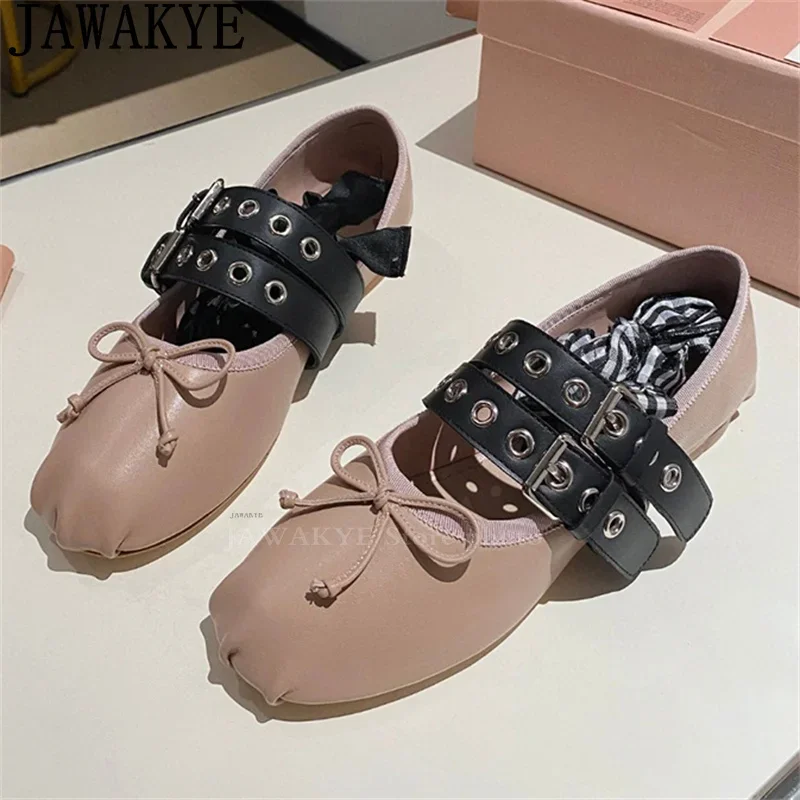 Summer New Eyelet Buckle Doudou Shoes Women Round Toe Fashion Ballet Flat Shoes 2024 Hot Sale Luxury Brand Walk Shoes Woman