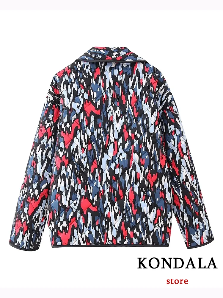 KONDALA Vintage Geometric Women Padded Jacket Print Oversized Pockets Long Sleeve Thick Coat New Fashion 2023 Autumn Winter Top