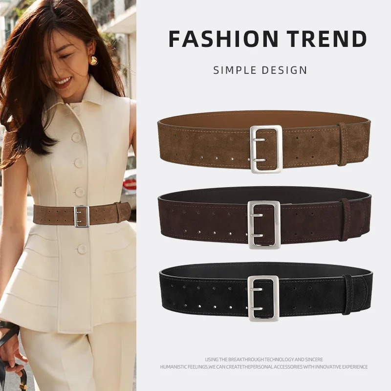 

New Sandblasting Leather Wide Double Pin Buckle Women Waistband Belt Joker Dress Coat Sweater Belt for Ladies
