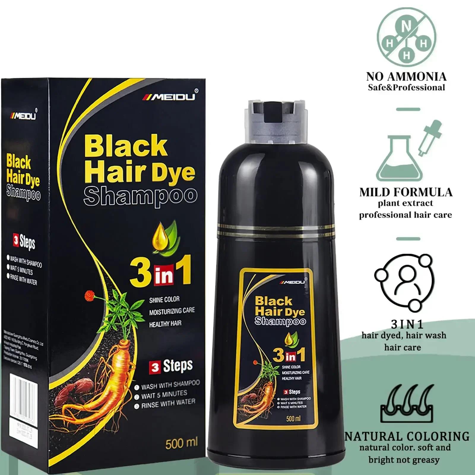 Champú para oscurecer el tinte para el cabello gris, 500ml, 3 en 1, instantáneo, gris a negro, cubierta para colorear multiflorum a base de hierbas naturales rápidas para hombres y mujeres