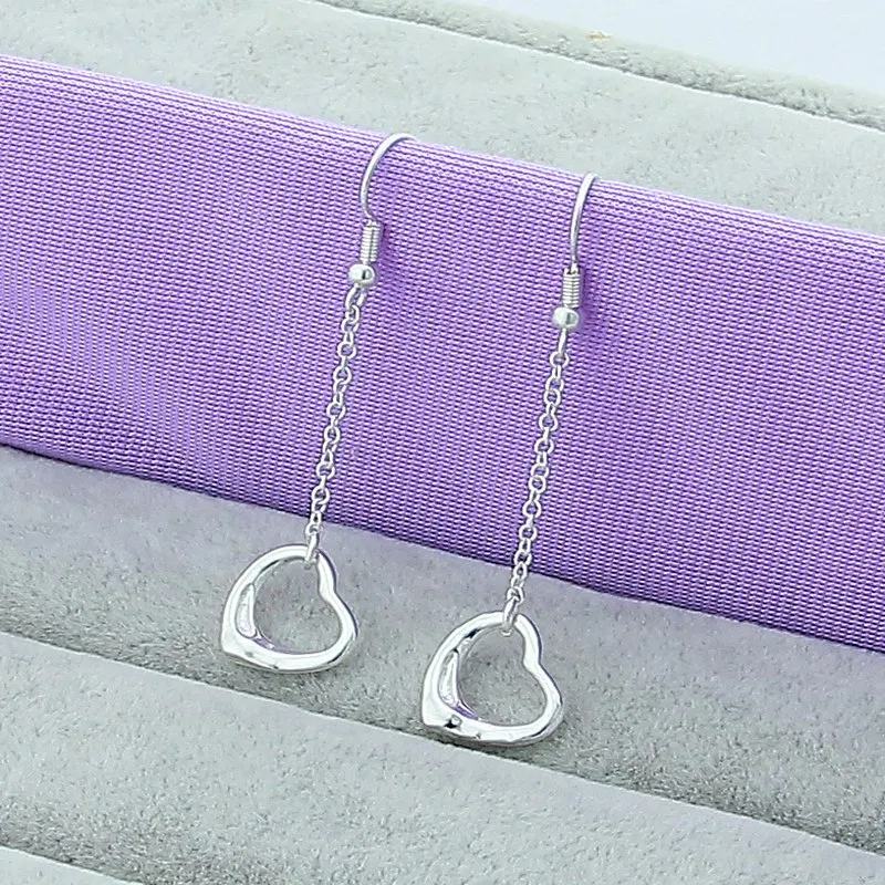 

925 Sterling Silver Heart Long Drop Earrings For Woman Wedding Engagement Party Fashion Charm Jewelry