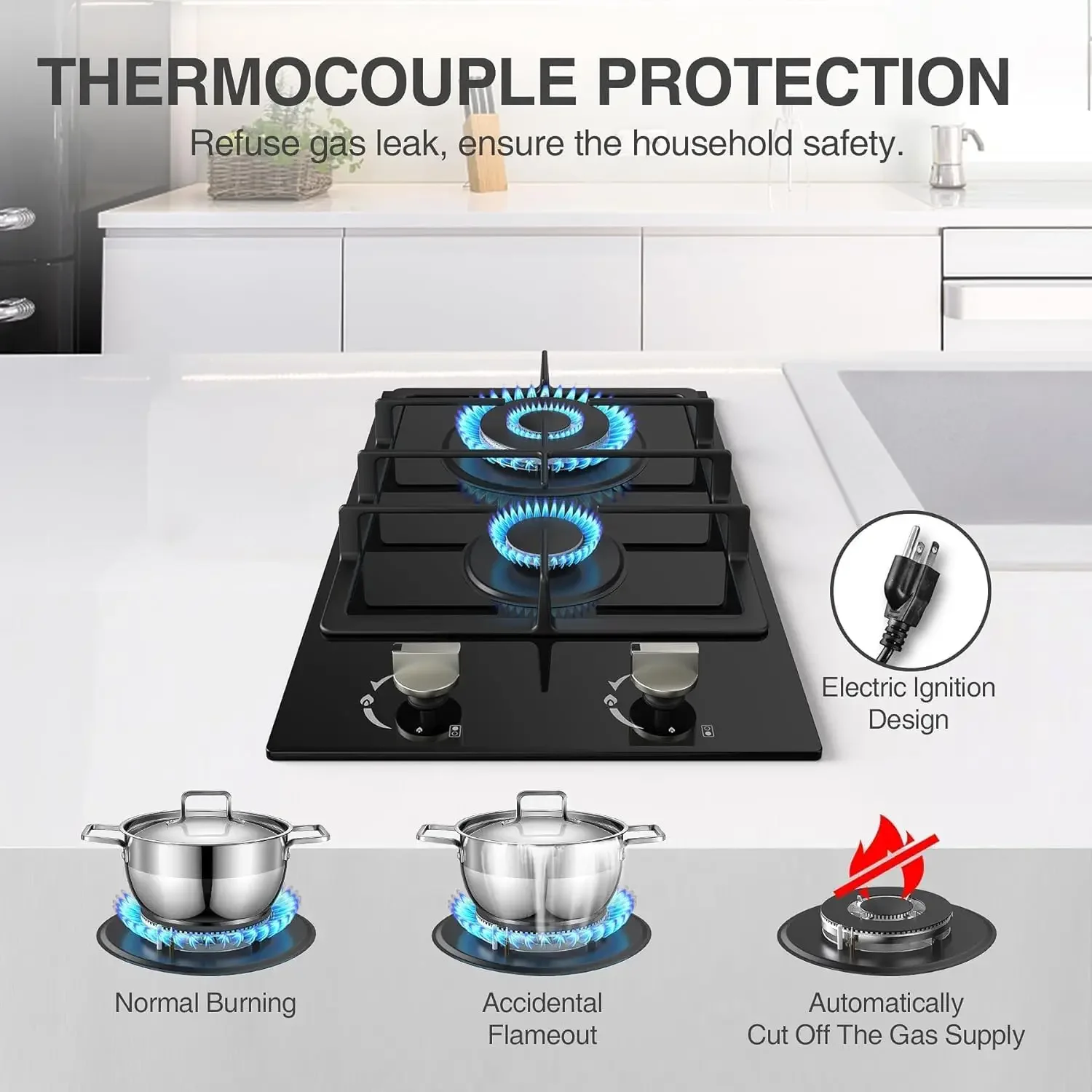 Cooktop 2 Burner, NG/LPG Dual Fuel Gas Stove Top, Built-in Gas Cooker with Thermocouple Protection,Tempered Glass Gas Propane Co