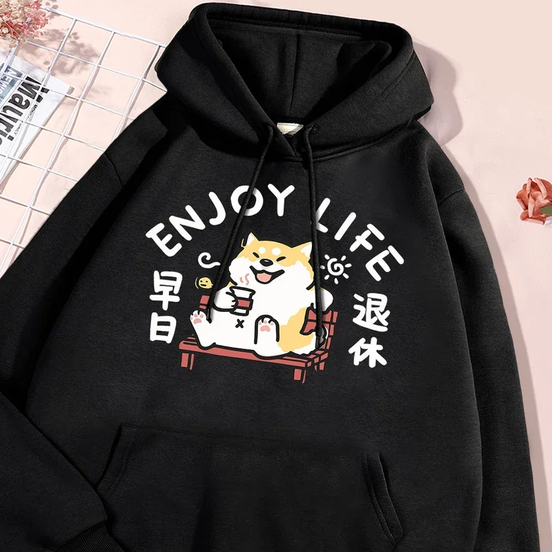 

Enjoy Life Fun Dog Men Women Hoodies Oversized Fleece Streetwear Harajuku Street Casual Clothes Loose Crewneck Hoody Couple