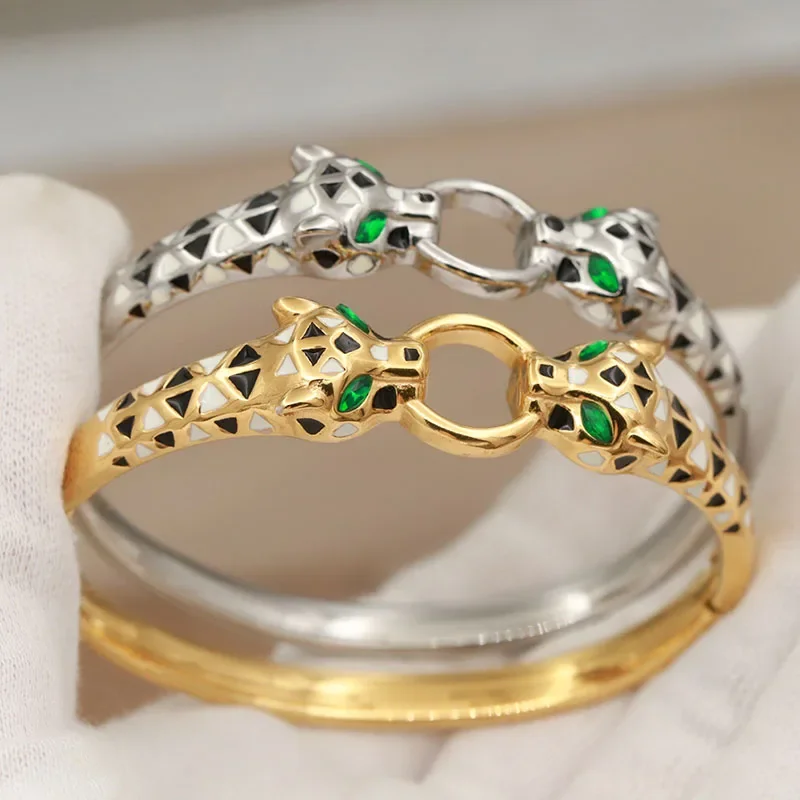 316L Stainless Steel Green Eyes Leopard Bangles for Women Fashion Brand Jewelry Classic Animal Bracelets  Accessories