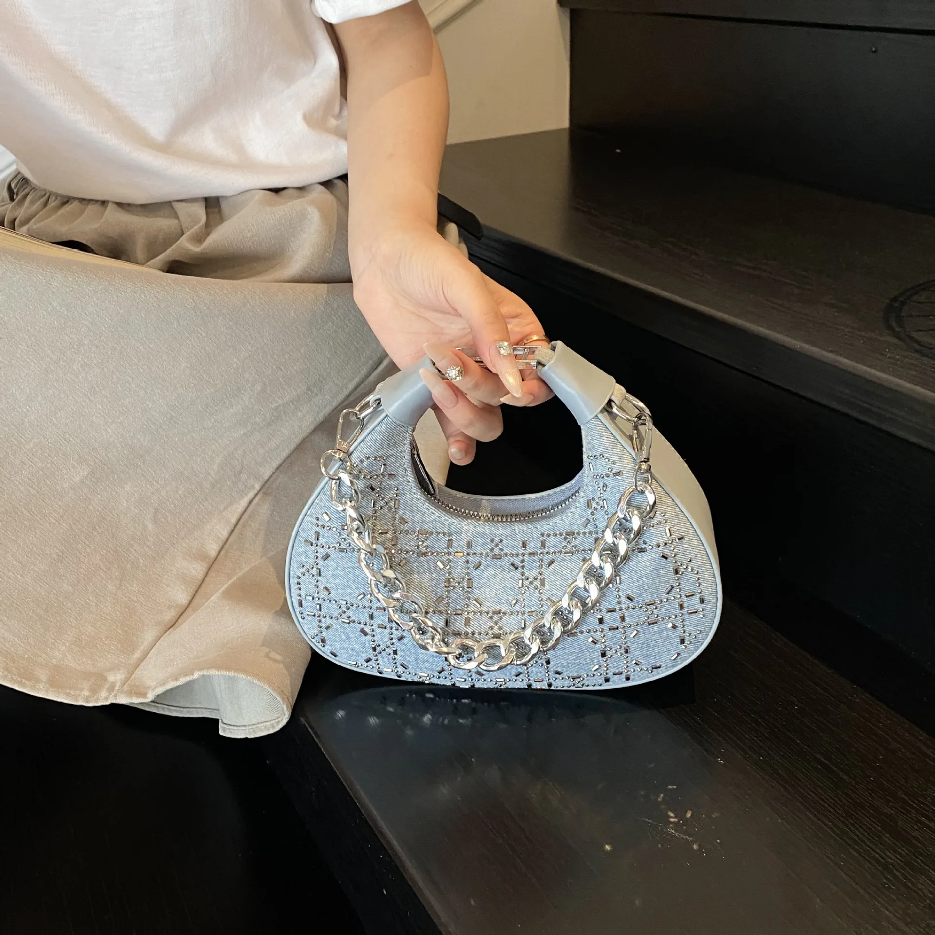 

2025 Korean Moon Bag Stylish Rhinestone Handbag Denim Dumpling Crossbody Purse Trendy Shoulder Bag for Women​
