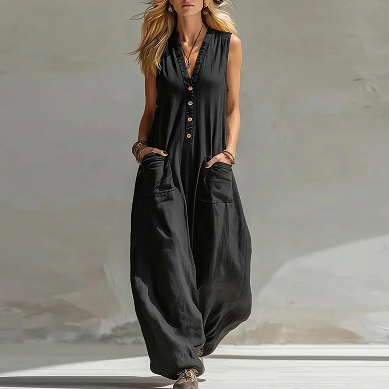 Neuer Sommer-Jumpsuit aus Baumwolle und Leinen für Damen, Ärmellos mit V-Ausschnitt, Weite Beine, Lässiger Freizeitanzug für Pendlerinnen