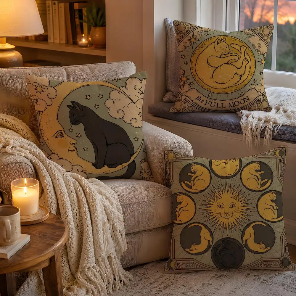 Mucha-style Cat Tarot Cushion Cover 1pc Square Pillow Cover Soft Plush Fabric Removable Washable Sofa Chair Bed Decoration