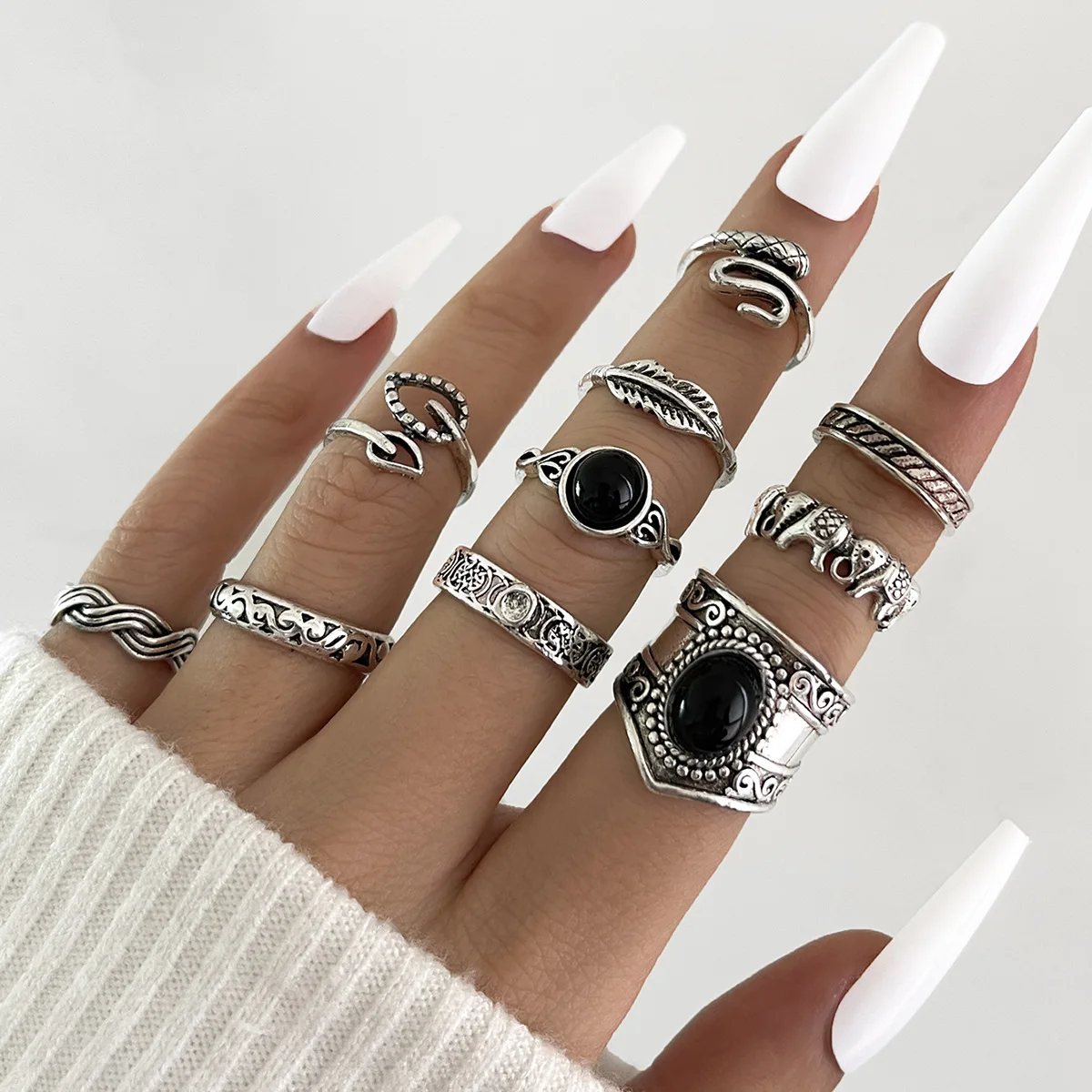 

New retro feather elephant ten-piece ring set, geometric engraved leaf imitation gemstone ring set for women