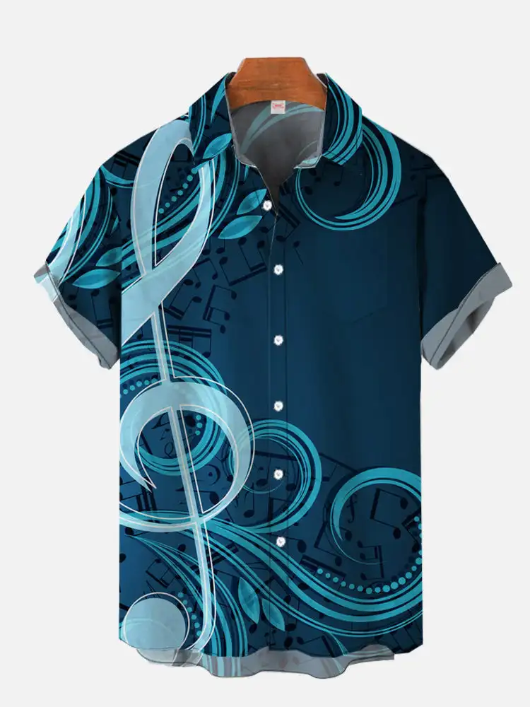 Camisa hawaiana de manga corta para hombre, camisa con estampado 3D de notas y elementos musicales, estilo Harajuku