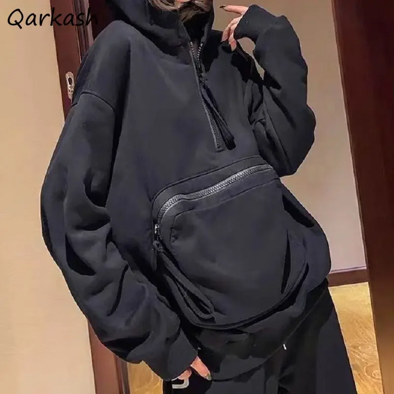 Design Hoodies Women Spring Autumn Loose Solid Big Front Pocket Patchwork Zipper Hooded Clothing Stylish Simple Casual All-match