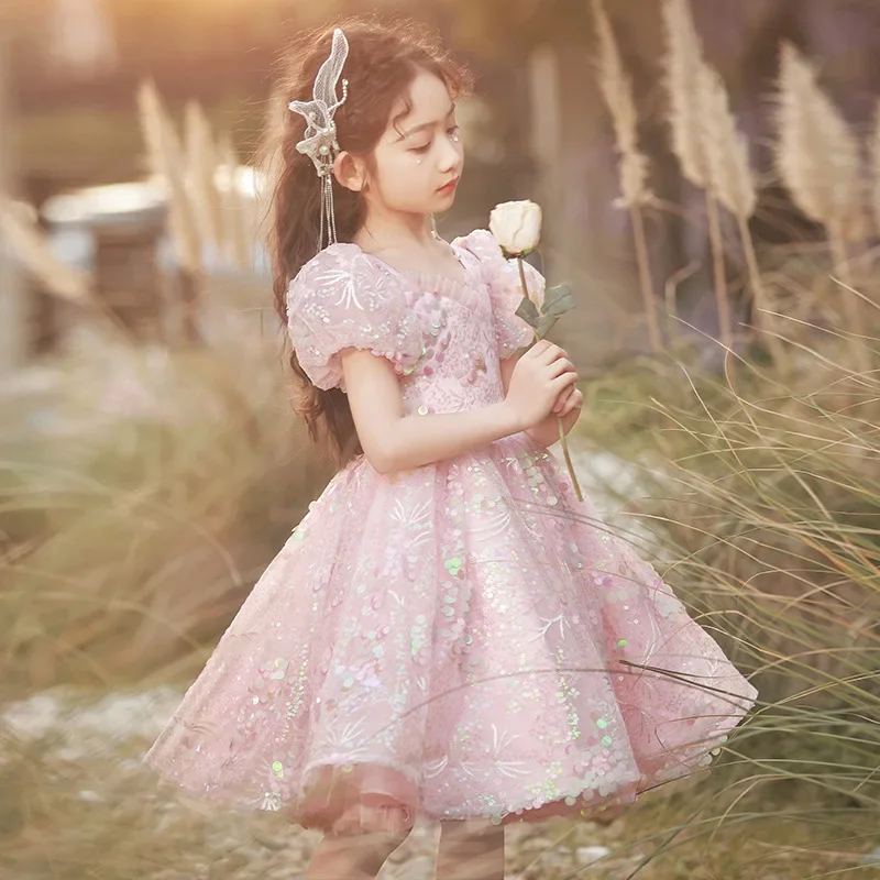 Girl's Birthday Party Dress Sequin Puff Sleeves Pink Sweet Princess Dresses Children's Luxury High End Flower Girl Host Frocks