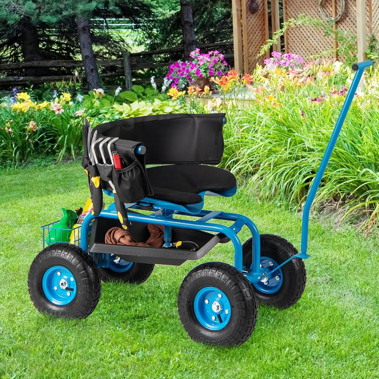 Rolling Garden Seat with Wheels, Outdoor Garden Cart with 360° Swivel Seat & Tool Storage, 2 Steering Handles, Gardening Stool