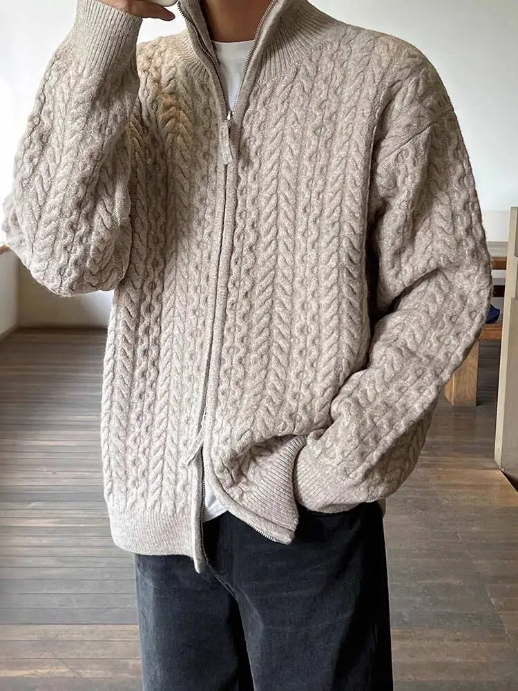 

SYUHGFA 2025 Winter Korean Style Men's Cardigan Half Turtleneck Solid Color Casual Knitting Tops Zipper Loose Male Sweaters