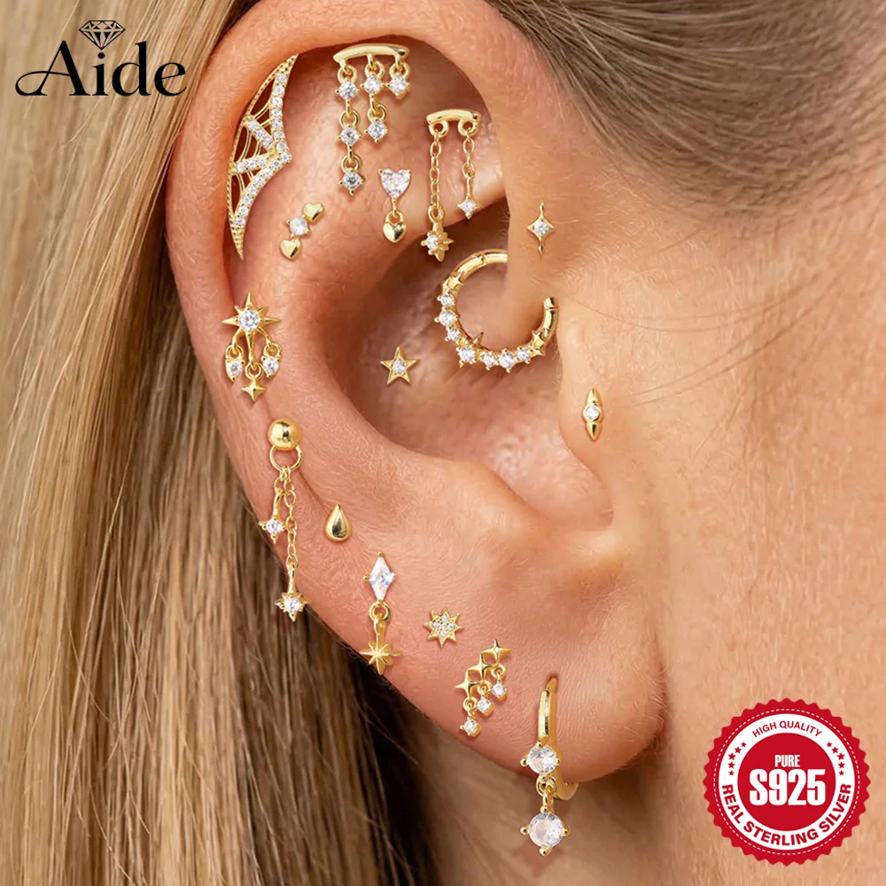 AIDE 925 Sterling Silver Octagonal Star Double Chain Tassel for Women INS Geometric Sailboat Flat Back Piercing Fine Jewelry