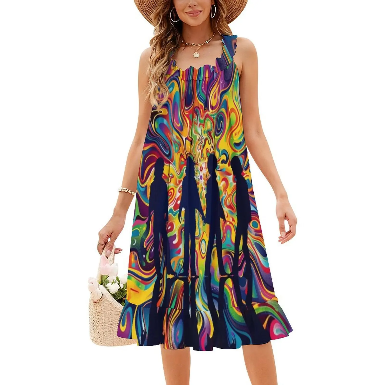A silhueta com cores psicodélicas trippy vestido de festa elegante feminino vestido evasê com opções curtas/longas/sem mangas