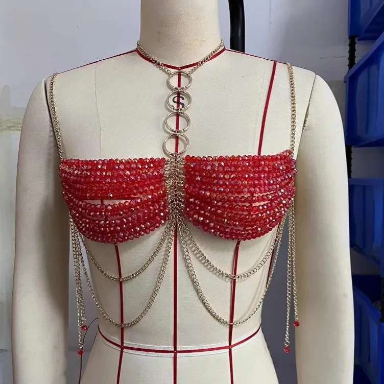 Multi-layer Red Crystal Beaded Bra Chain Camis Crop Tops Metal Halter Vest Tank Sexy Dance Show Party Beading Body Chain Jewelry