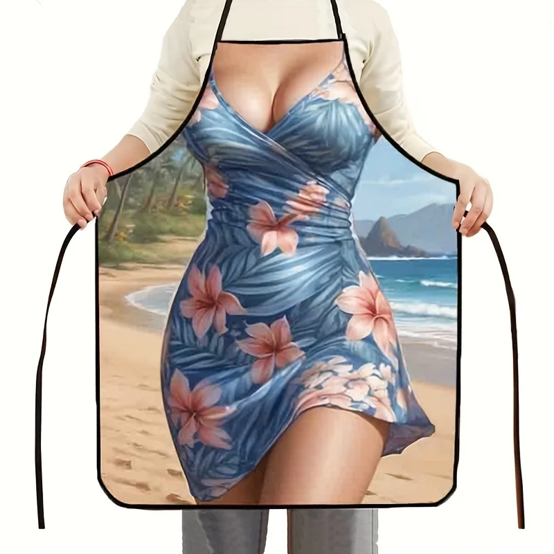 1 Stück Schürze mit tropischem Blumen- und Strandmuster – lebendiges Hibiskus- und Palmen-Design, Schürze zum Kochen, Backen, als Heimdekoration