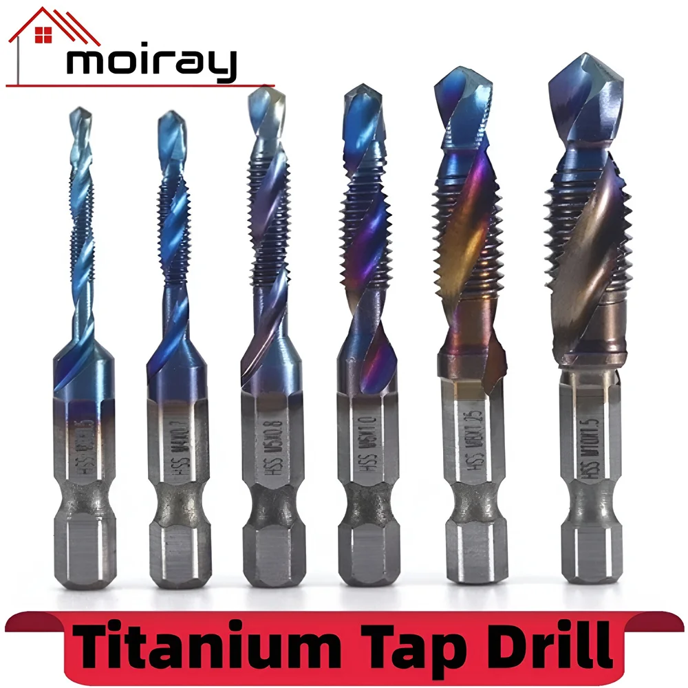 M3 M4 M5 M6 M8 M10 Tap Drill Titanium Plated Hex Shank HSS Screw Machine Compound Hand Tools Metric Thread Tap Drill Bits Set